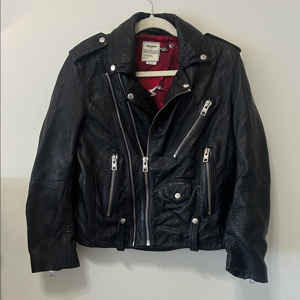ZADIG AND VOLTAIRE BLACK LAMBSKIN LEATHER MOTORCYCLE JACKET